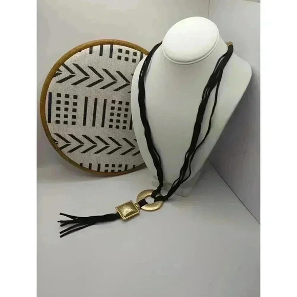 Chicos Black Sueded Multi Strand Necklace With Gold Tone Pendant Tassel 24 Inch - Picture 1 of 6